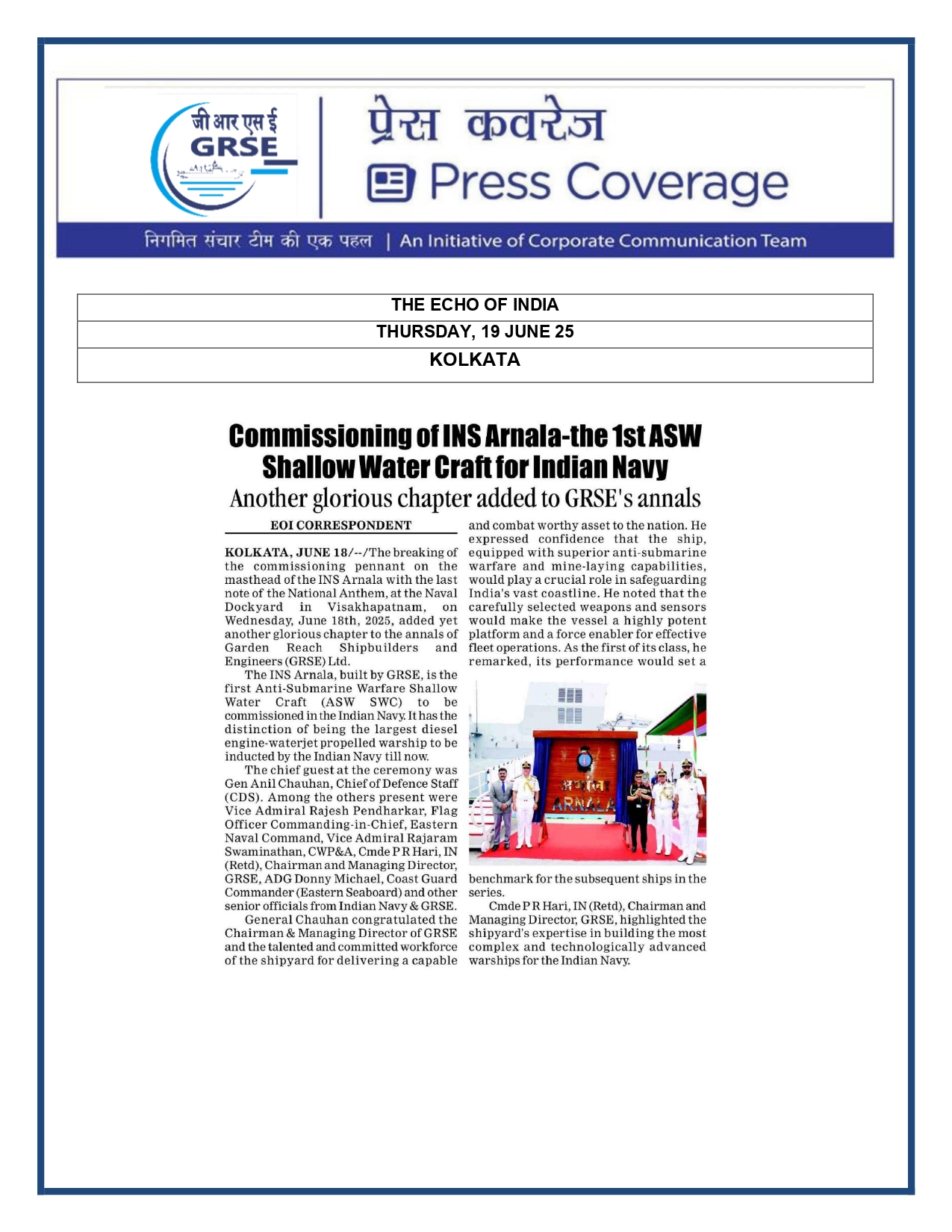 Press Coverage : CMD,GRSE conferred on CMA's Management Excellence Award 2025  